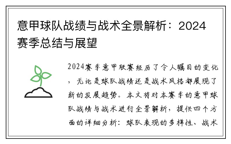 意甲球队战绩与战术全景解析：2024赛季总结与展望