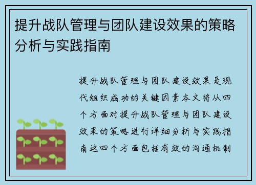 提升战队管理与团队建设效果的策略分析与实践指南