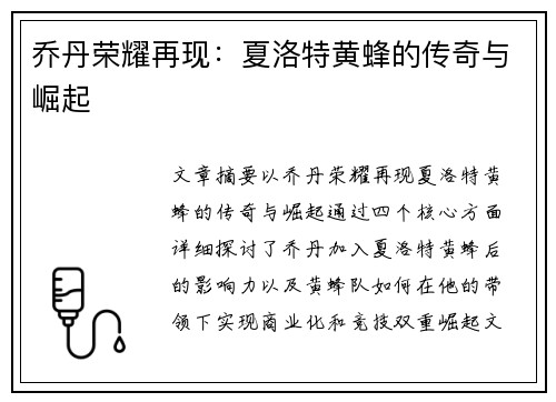 乔丹荣耀再现：夏洛特黄蜂的传奇与崛起
